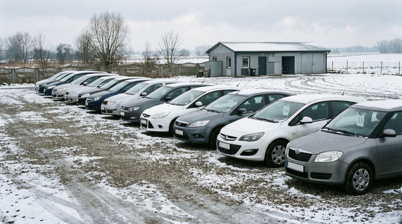 Rząd samochodów zastępczych na placu wypożyczalni, na szybach kartki z numerami, zimowy poranek