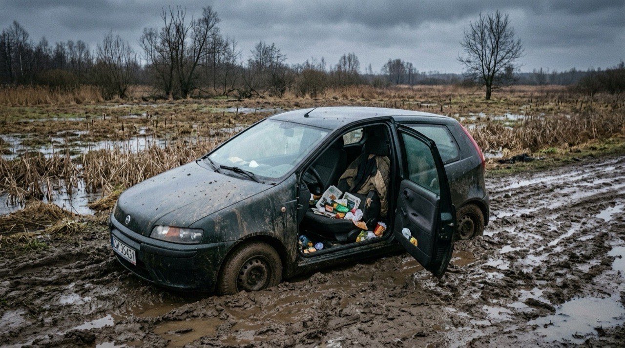 Osobowy samochód zakopany po osie w rozmokniętym błocie na skraju podmokłej łąki, zimowy dzień, otwarte drzwi, na siedzeniu śmieci