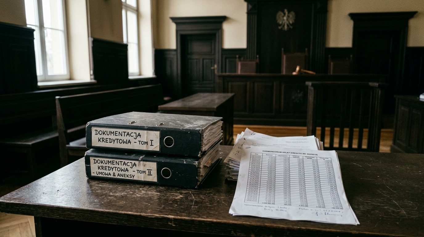 Segregatory z dokumentacją kredytową na stole w sali sądowej, obok wydruk harmonogramu spłat