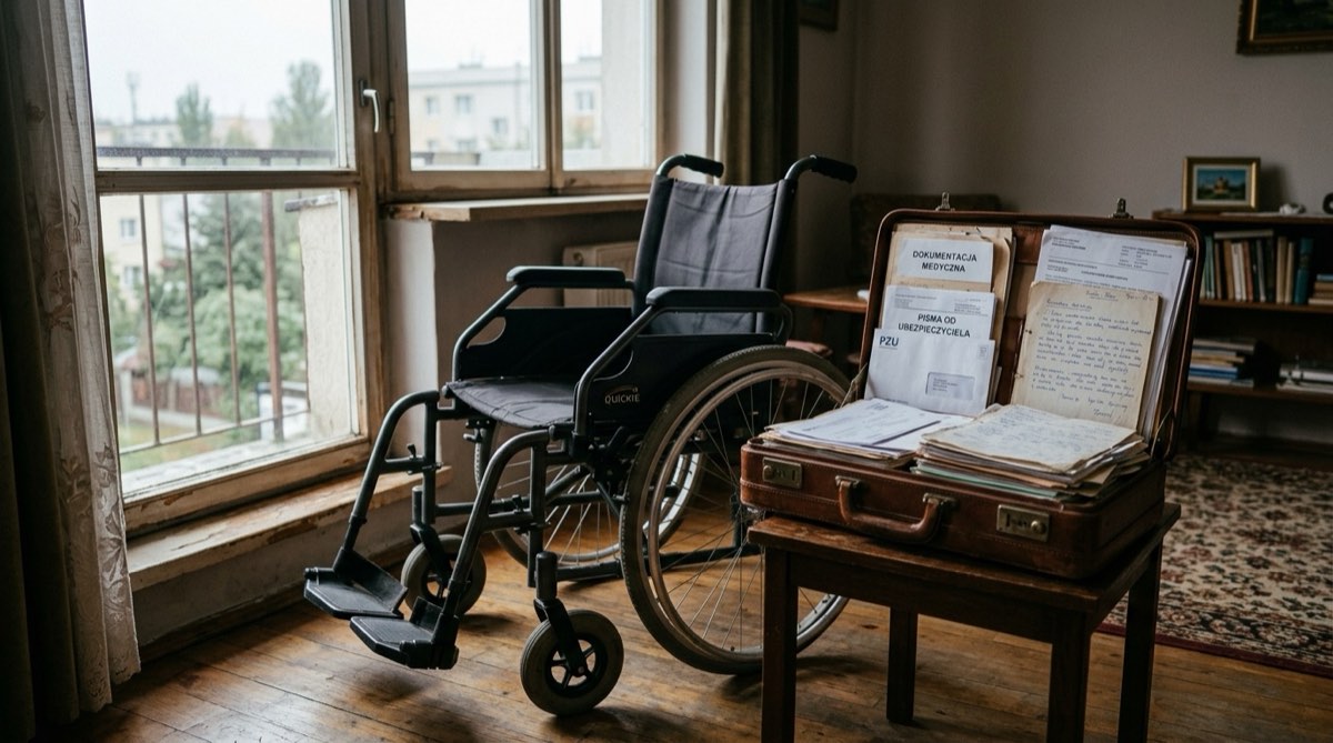 Wózek inwalidzki przy oknie w mieszkaniu, obok teczka z dokumentacją medyczną i pismami od ubezpieczyciela