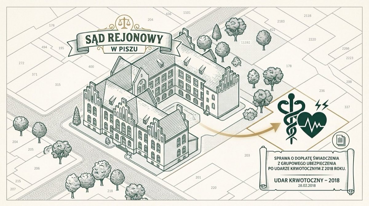 Sąd Rejonowy w Piszu. Sprawa o dopłatę świadczenia z grupowego ubezpieczenia po udarze krwotocznym z 2018 roku.