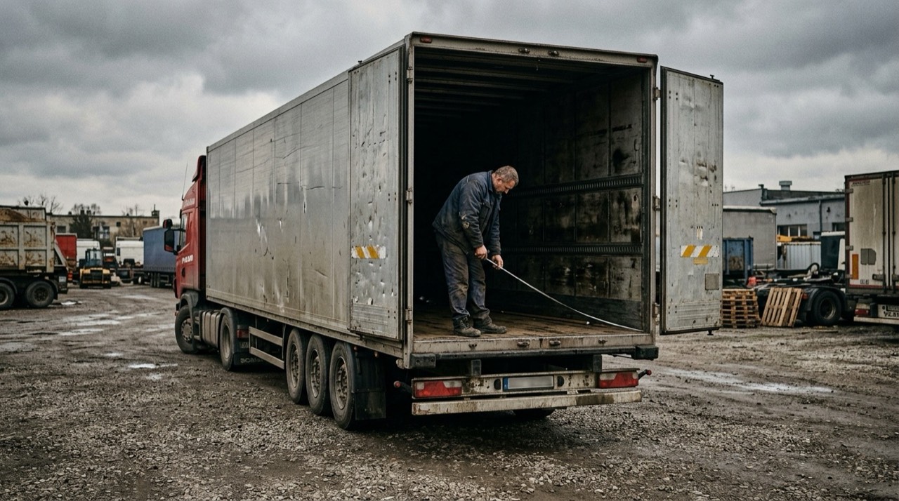 Samochód ciężarowy z przyczepą na placu, otwarte drzwi skrzyni ładunkowej, mężczyzna z miarką zwijaną mierzy długość przestrzeni ładunkowej