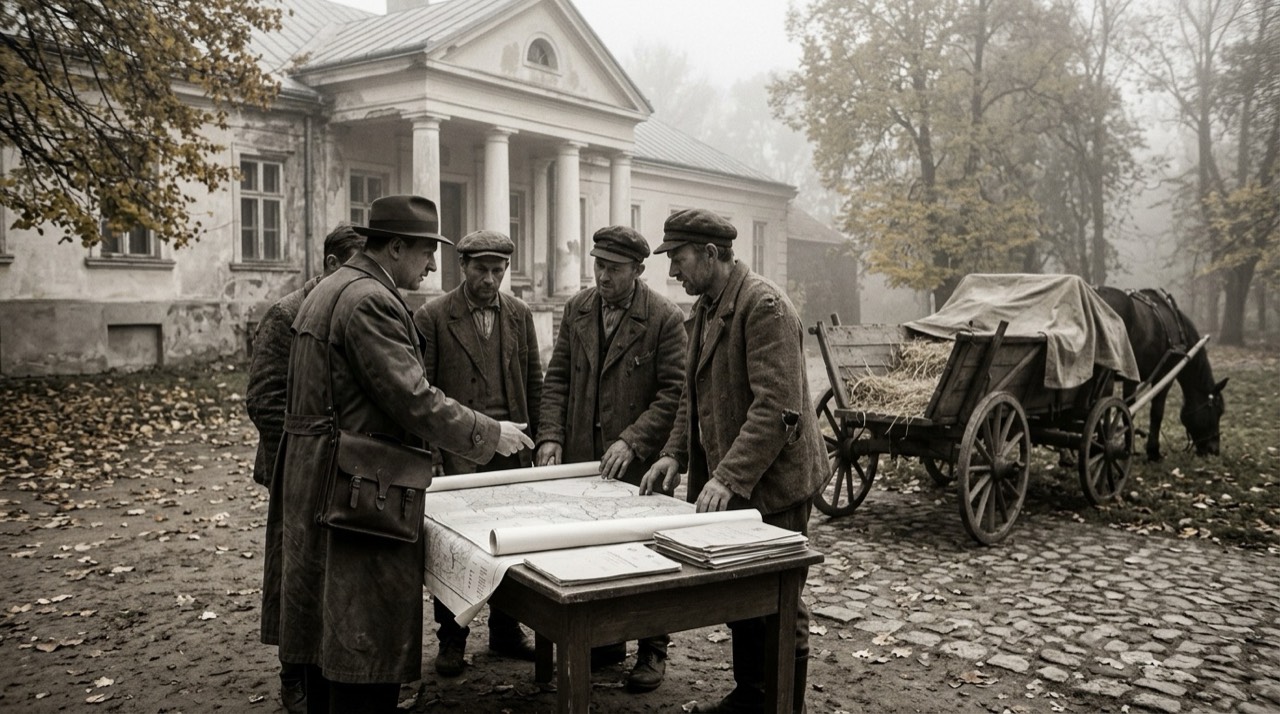 Dziedziniec dworu w Polsce jesienią 1945 roku: urzędnik w płaszczu z teczką i grupa chłopów przy stole wyniesionym na zewnątrz, na blacie rozłożona mapa gruntów i akta, w tle klasycystyczny dwór z kolumnami i wóz konny, mglisty poranek