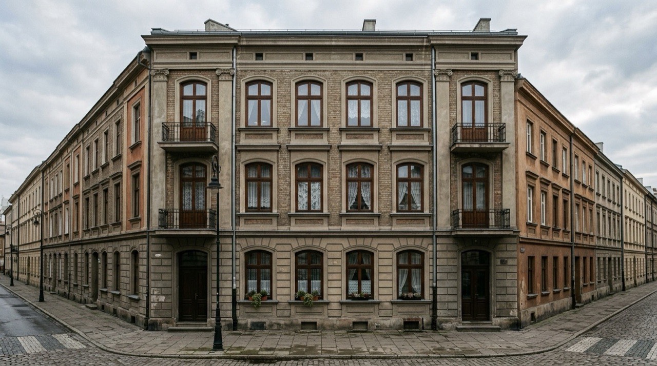 Przedwojenna trzykondygnacyjna kamienica w zwartej pierzei warszawskiej ulicy, odnowiona fasada, w oknach współczesne firanki