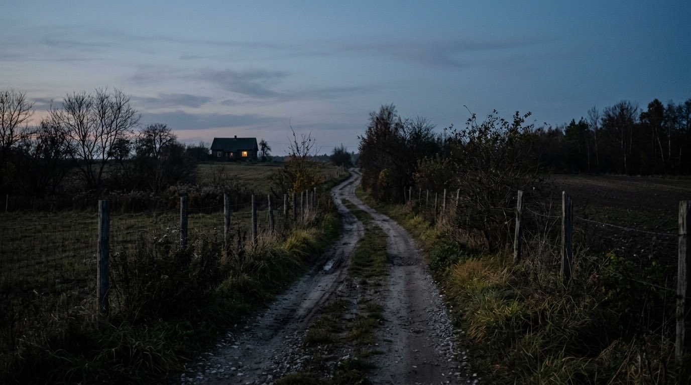 Wiejska droga między dwiema sąsiadującymi działkami o zmierzchu, w oddali światło w oknie domu