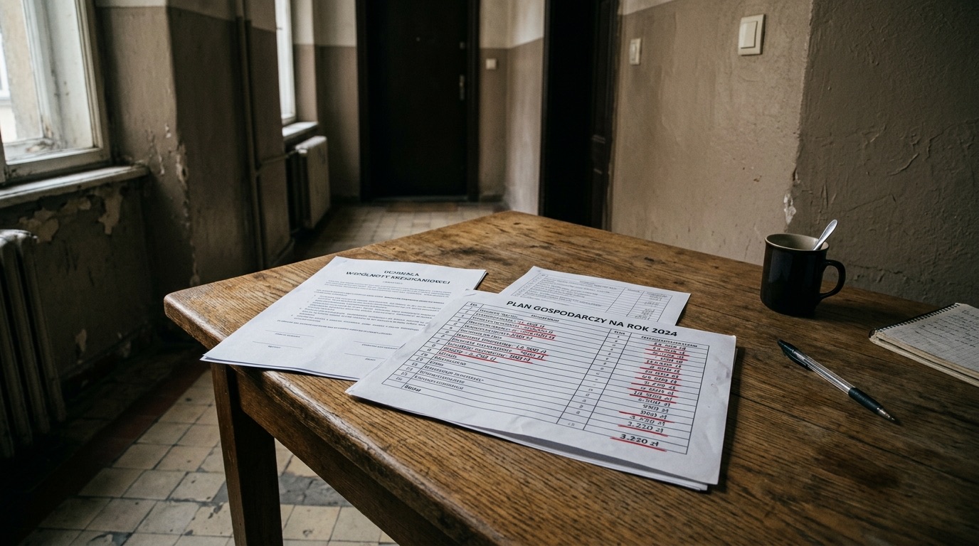 Stół w części wspólnej kamienicy, na nim rozłożone kartki uchwały wspólnoty i tabela planu gospodarczego z podkreślonymi na czerwono kwotami