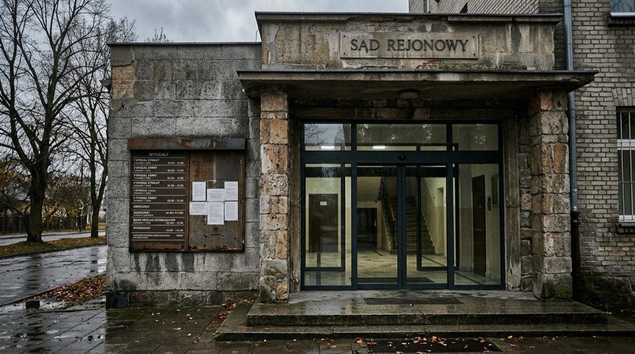 Wejście do budynku sądu rejonowego, szklane drzwi i tablica z wykazem wydziałów, pochmurny dzień
