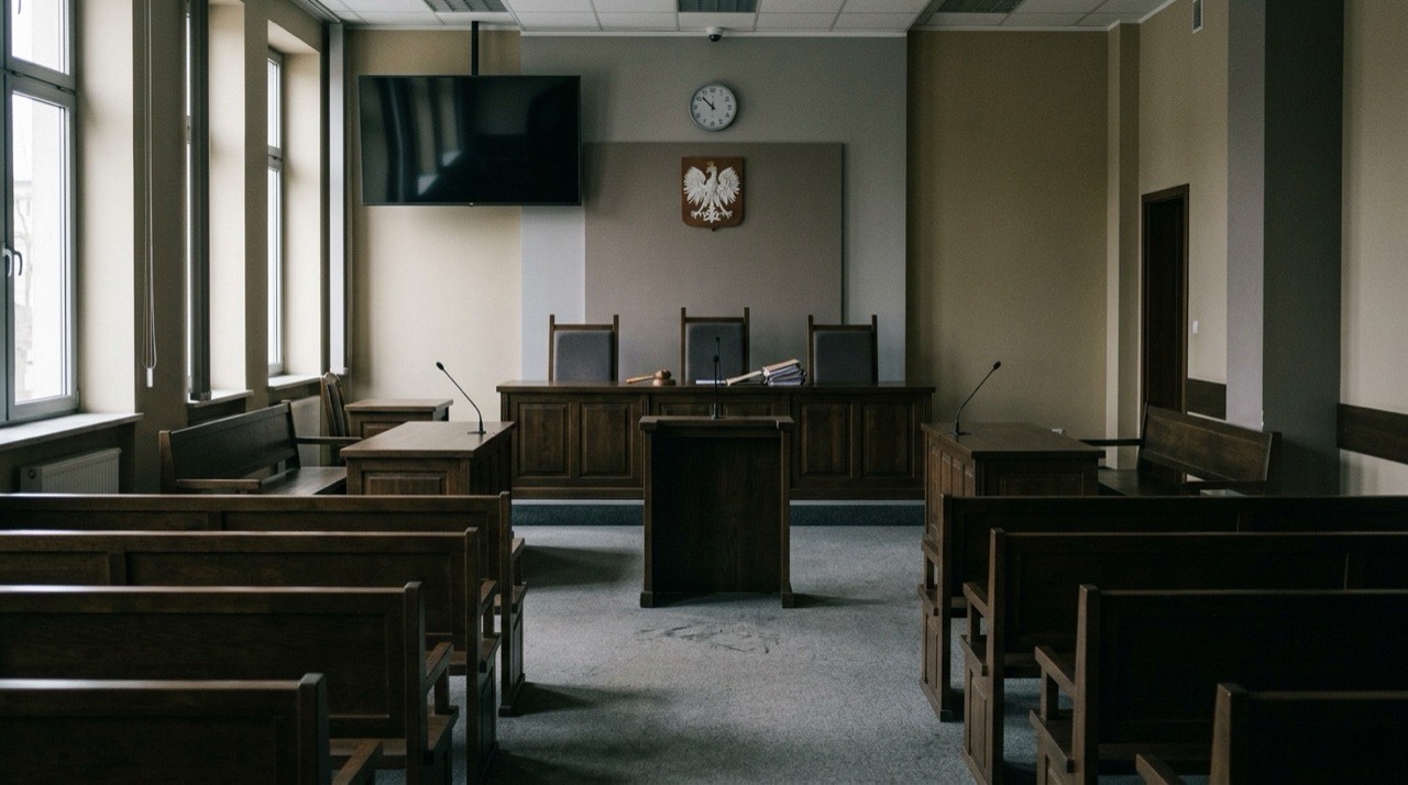 Wnętrze sali rozpraw sądu karnego, pusty stół sędziowski, w tle monitor do połączeń zdalnych