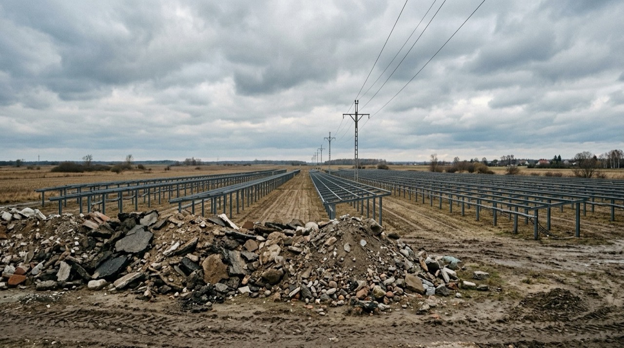 Rozległa działka pod budowę farmy fotowoltaicznej, rzędy stołów pod panele, na pierwszym planie hałda gruzu i odłamków asfaltu, nad terenem przebiegają linie napowietrzne średniego napięcia