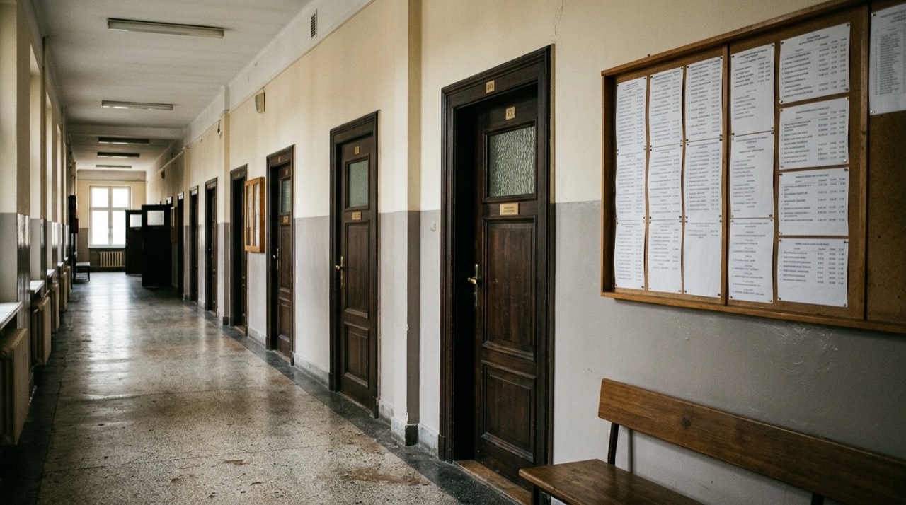 Korytarz sądu okręgowego, rząd drzwi do sal rozpraw, na ścianie wokanda z listą spraw