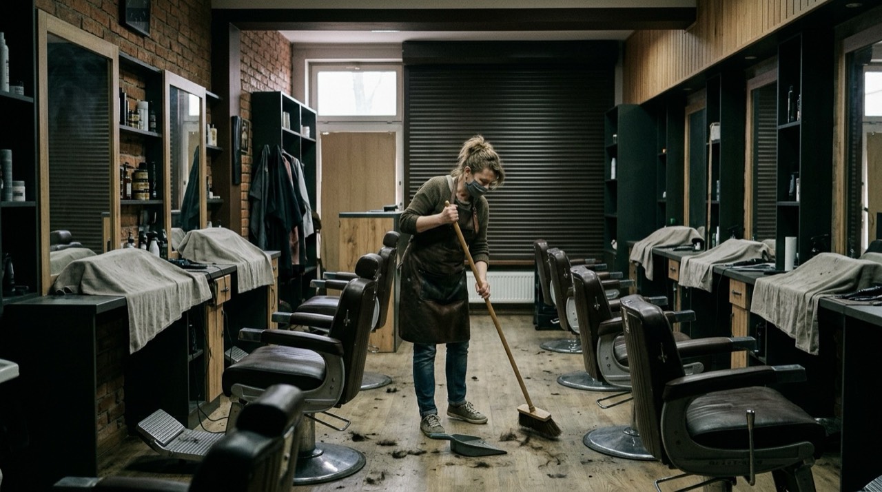 Zamknięty salon fryzjerski w czasie lockdownu, opuszczone rolety, samotna kobieta w fartuchu zamiata podłogę między fotelami
