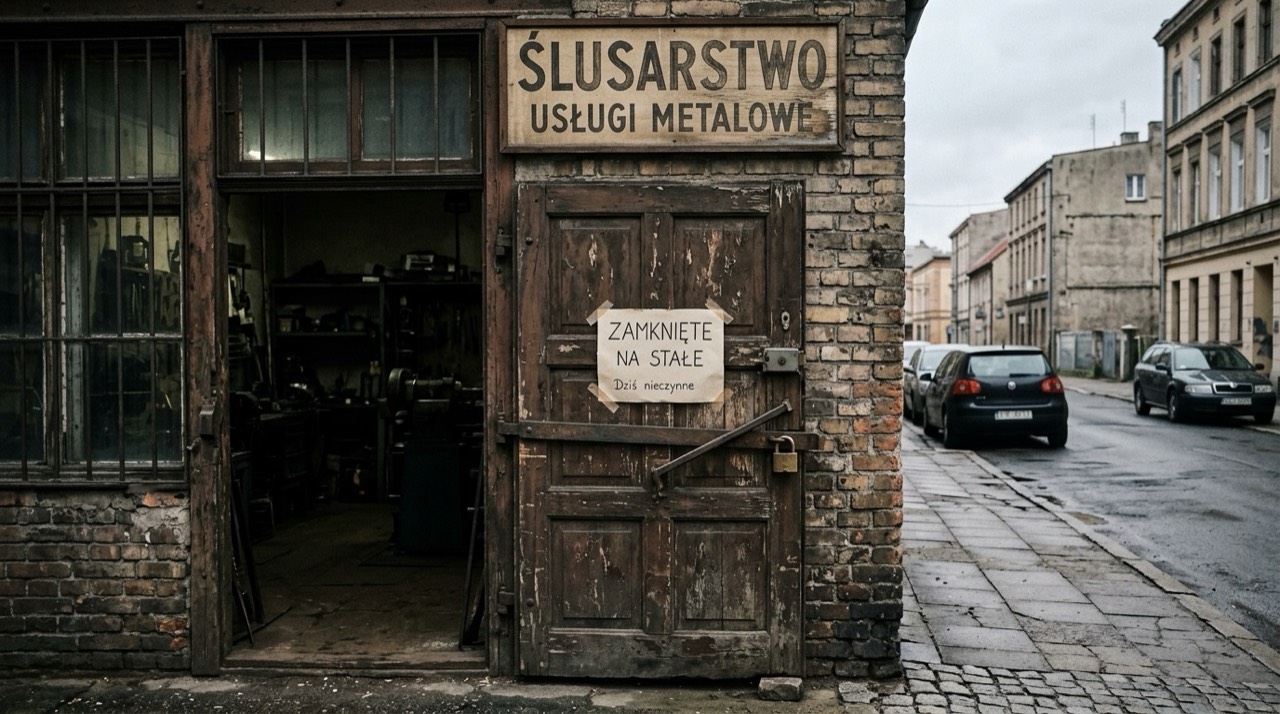 Zamknięty warsztat ślusarski, zgaszone światła, na drzwiach kartka i kłódka, na zewnątrz szara ulica