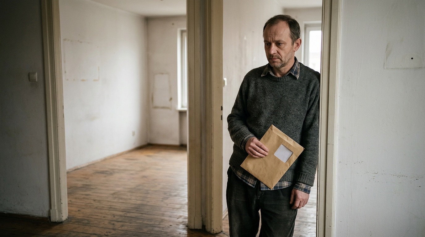 Mężczyzna po czterdziestce stoi w drzwiach skromnego mieszkania komunalnego, w ręku trzyma kopertę z pismem z urzędu, za nim widać puste, wysprzątane pokoje