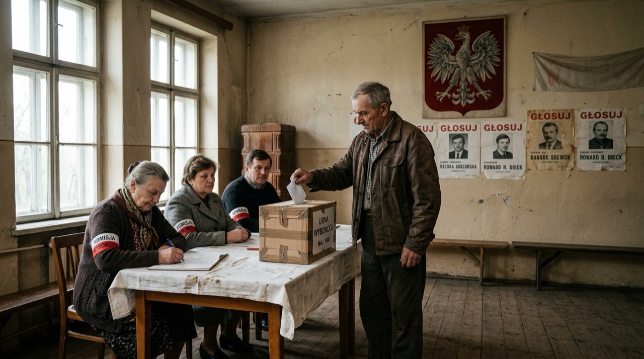 Sala wiejskiego domu kultury w maju 1990 roku: prowizoryczna urna wyborcza z tektury na stole nakrytym białym obrusem, przy niej trzy osoby komisji z opaskami, starszy mężczyzna w kurtce wrzuca kartę do urny, na ścianie plakaty kandydatów i godło, światło z wysokich okien