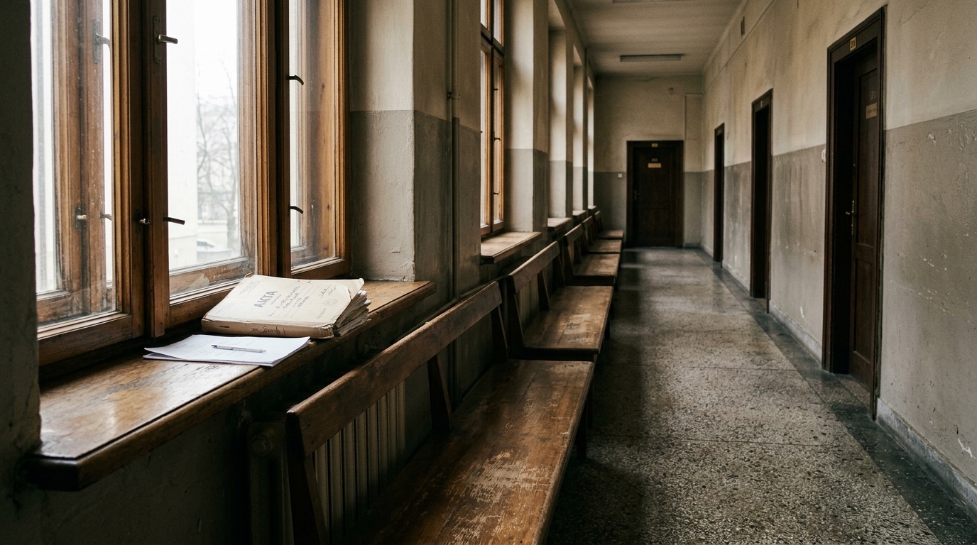 Pusty korytarz sądu rodzinnego, rząd drewnianych ław pod oknem, na parapecie teczka z aktami