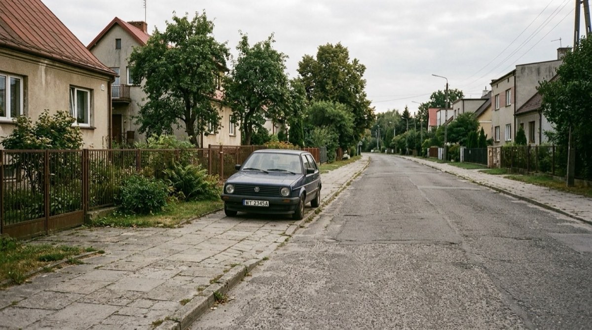 Pusta podmiejska ulica w letnie popołudnie, w kadrze samochód i chodnik, nikogo w pobliżu