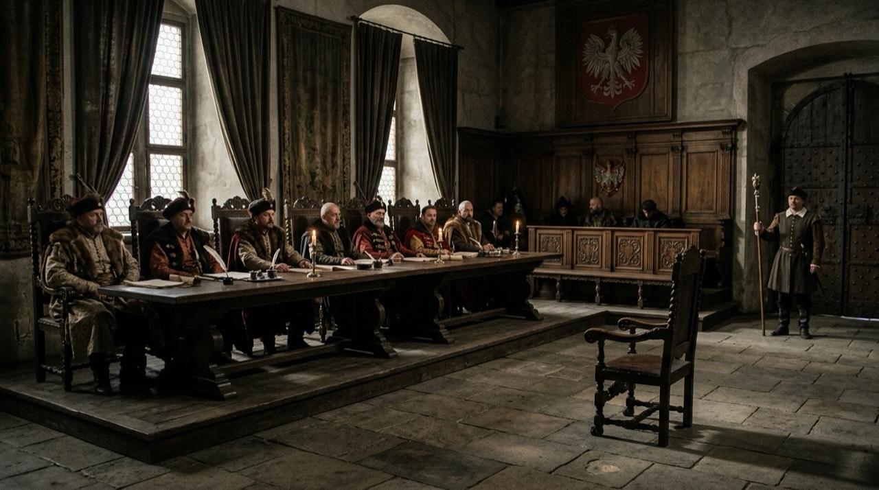 Sala sądu sejmowego w XVII-wiecznej Polsce, senatorowie w kontuszach za długim stołem, pusty fotel oskarżonego, woźny z laską przy drzwiach, ciężkie kotary i świece