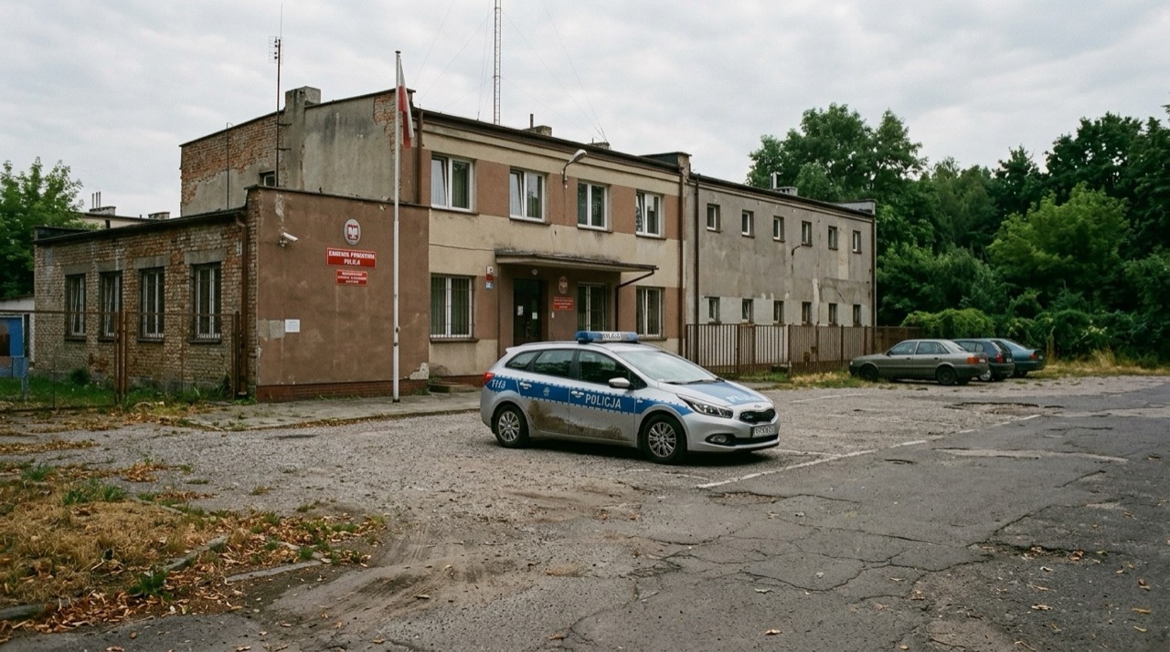 Parking przed budynkiem komendy policji w małym mieście, letnie popołudnie, zaparkowany radiowóz