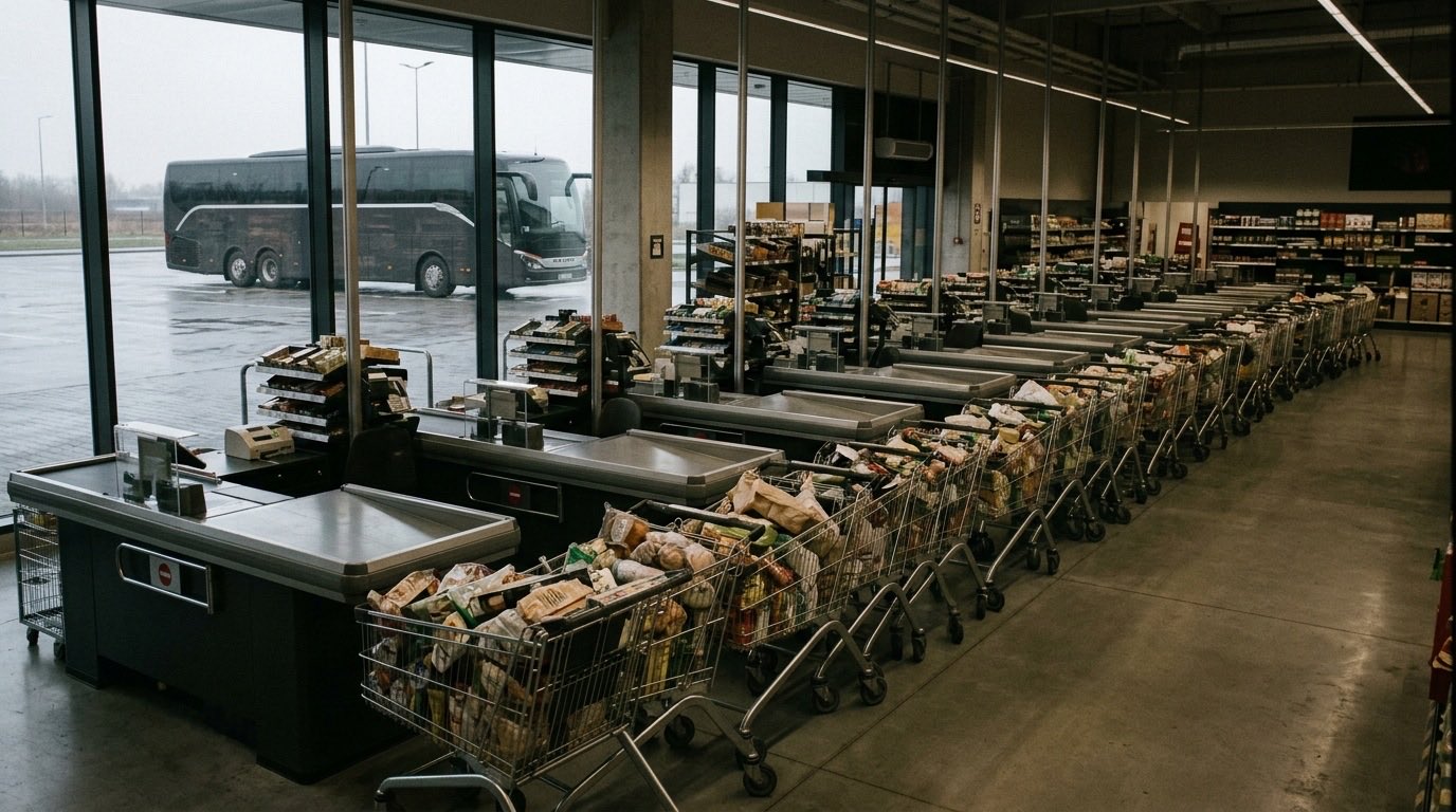 Kolejka pełnych wózków przy trzynastu kasach w dużym dyskontowym sklepie, na parkingu za szybą autokar