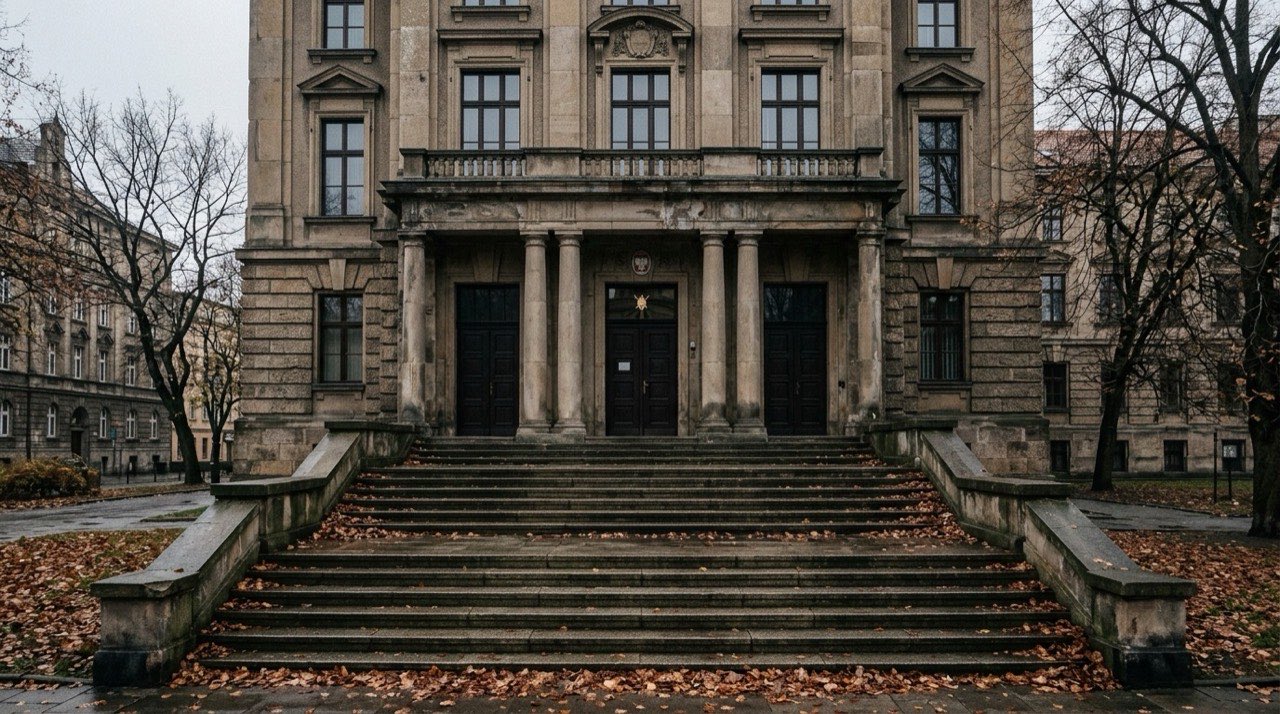Fasada budynku sądu okręgowego, kamienne schody, jesienne popołudnie