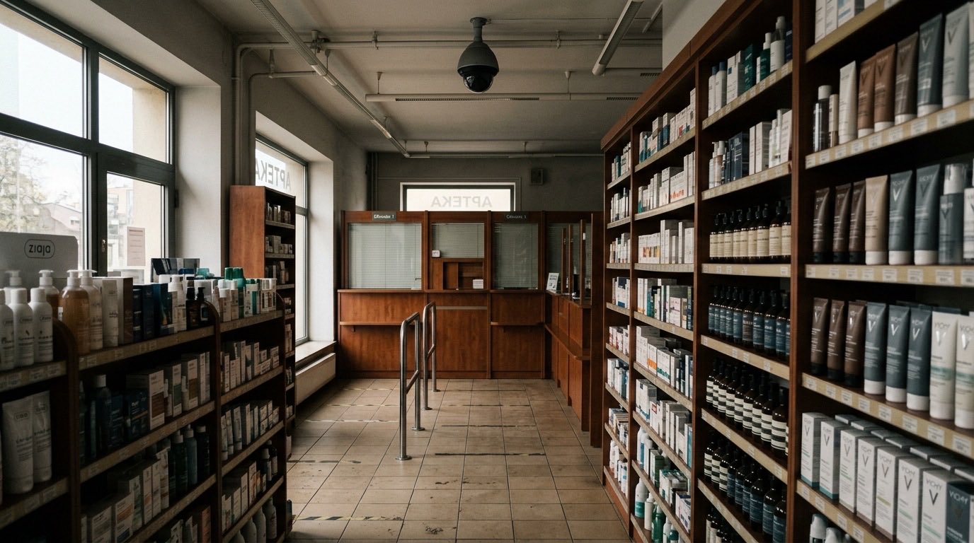 Wnętrze apteki, regał z kosmetykami, kolejka do okienka, kamera monitoringu pod sufitem