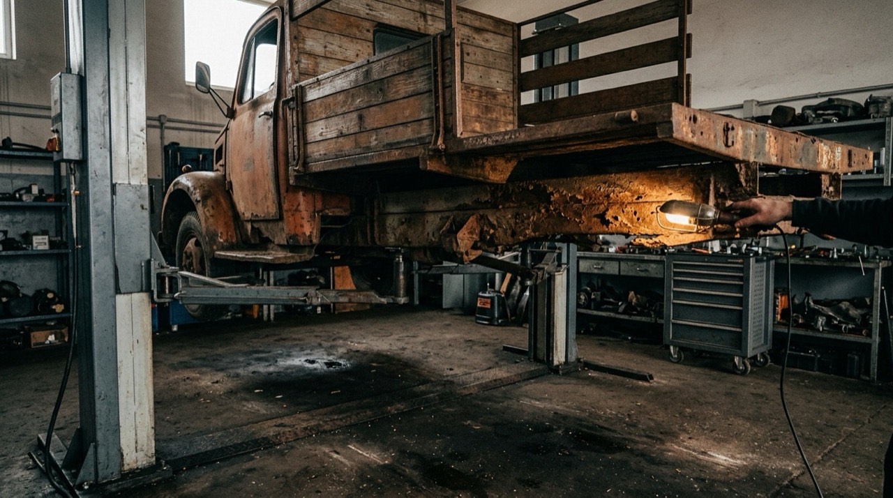 Stary dostawczak z otwartą skrzynią ładunkową na podnośniku w stacji diagnostycznej, mechanik świeci latarką na przeżartą korozją ramę pod pojazdem