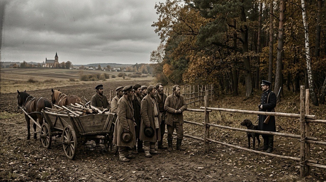 Skraj dworskiego lasu w Królestwie Polskim około 1870 roku: gromada chłopów w sukmanach z furmanką stoi przed świeżo postawionym płotem z żerdzi, po drugiej stronie leśnik dworski z psem, jesienne pole, kościół na horyzoncie