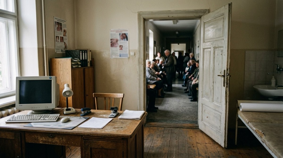 Pusty gabinet lekarski w wiejskim ośrodku zdrowia, biurko z komputerem, na korytarzu za uchylonymi drzwiami kolejka pacjentów