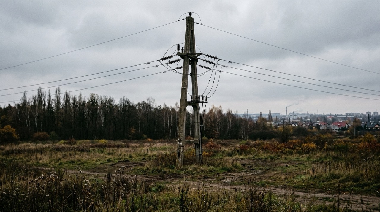Betonowy słup wysokiego napięcia stojący pośrodku niezabudowanej działki na skraju miasta, dwutorowa linia przecina teren nad koronami drzew