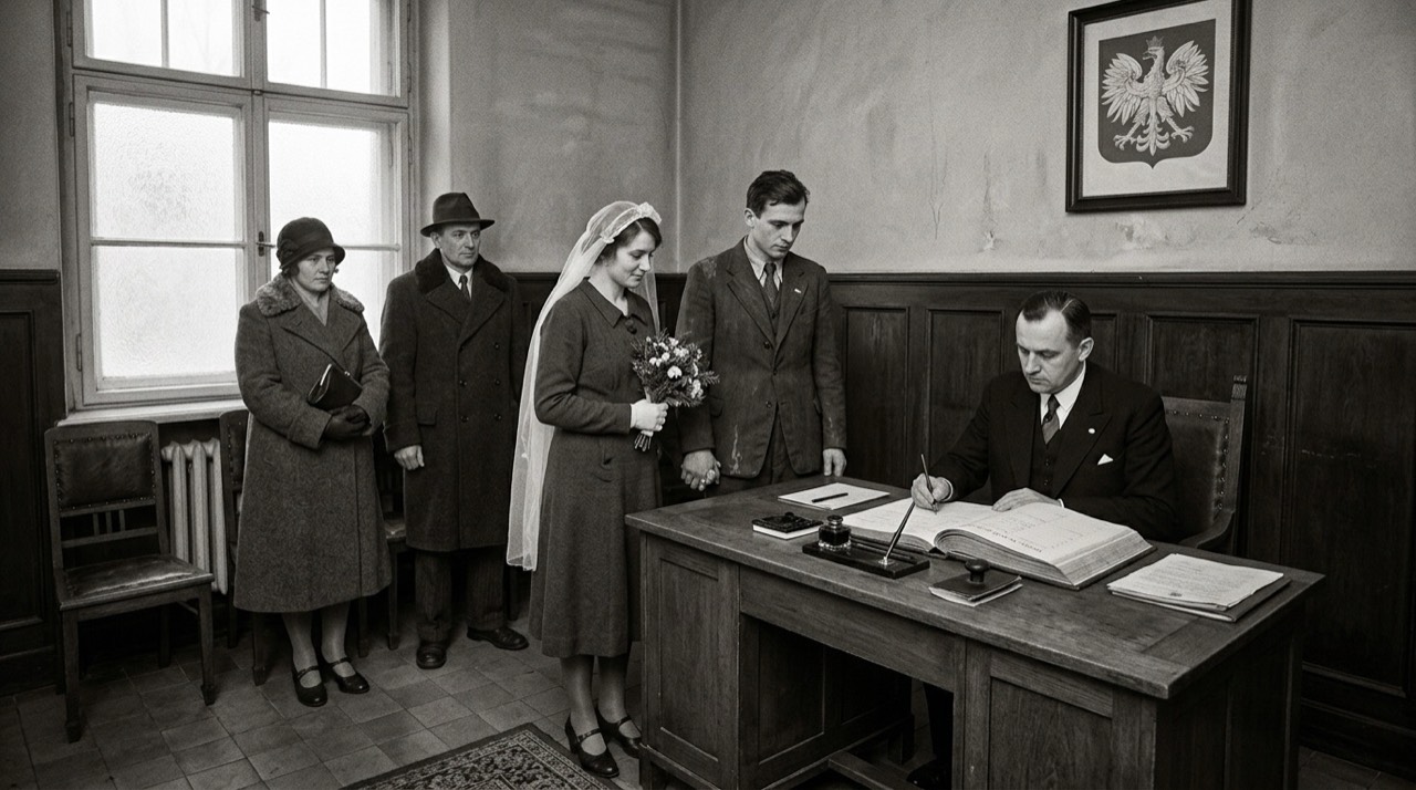 Urząd stanu cywilnego w Poznaniu w 1930 roku: para w skromnych strojach ślubnych przed urzędnikiem w garniturze, gruba księga stanu cywilnego na biurku, godło z orłem na ścianie, świadkowie w płaszczach, zimowe światło przez wysokie okno