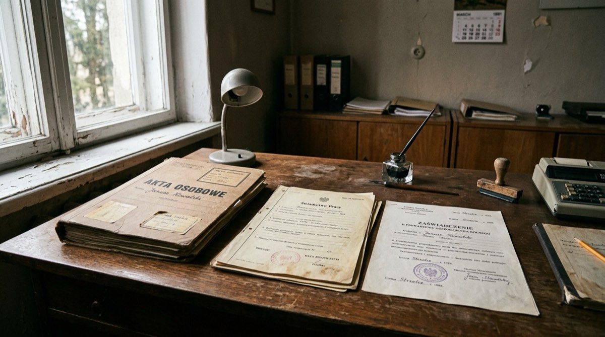 Biurko urzędnika z teczką akt osobowych, świadectwami pracy i zaświadczeniem z gminy o prowadzeniu gospodarstwa rolnego