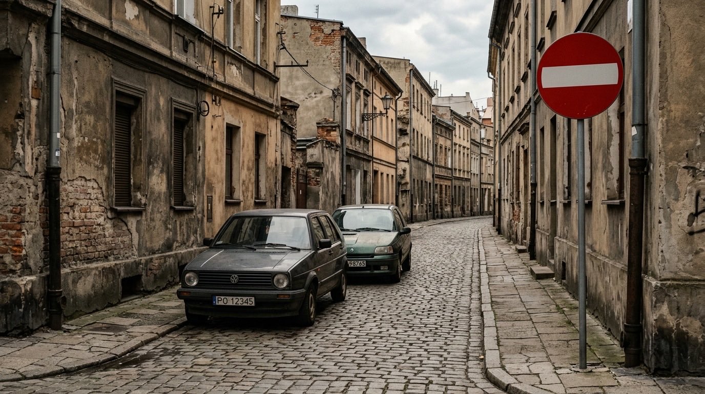 Wąska ulica jednokierunkowa ze znakiem zakazu wjazdu, dwa samochody stojące za sobą przy krawężniku, czerwcowe popołudnie