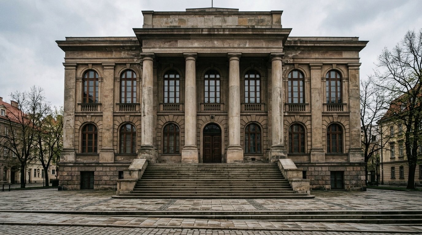Fasada gmachu sądu okręgowego z kamiennymi schodami i wysokimi oknami, wiosenne przedpołudnie