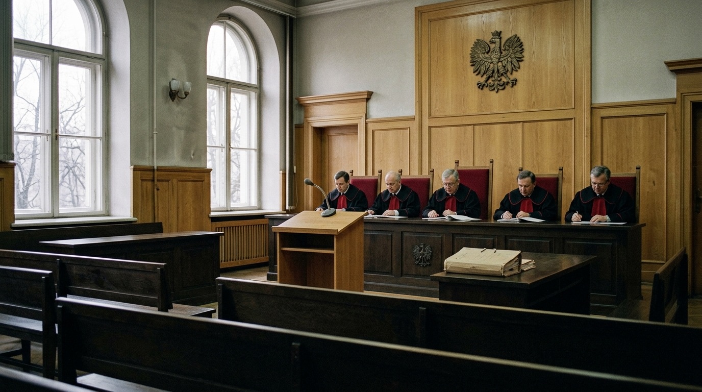 Sala rozpraw Trybunału Konstytucyjnego w Warszawie pod koniec lat dziewięćdziesiątych: pięcioro sędziów w czarnych togach z czerwonymi żabotami za wysokim stołem, przed nimi pulpit z mikrofonem i teczka akt, na ścianie orzeł w koronie, jasne drewno i wysokie okna