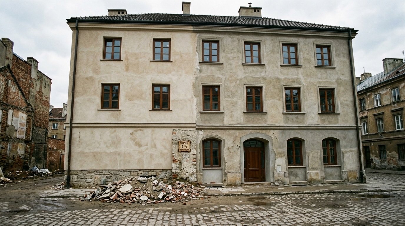 Trzykondygnacyjna kamienica po odbudowie ze zniszczeń wojennych, świeży tynk, nowe okna, przed nią kupka gruzu i stara tabliczka z numerem hipotecznym