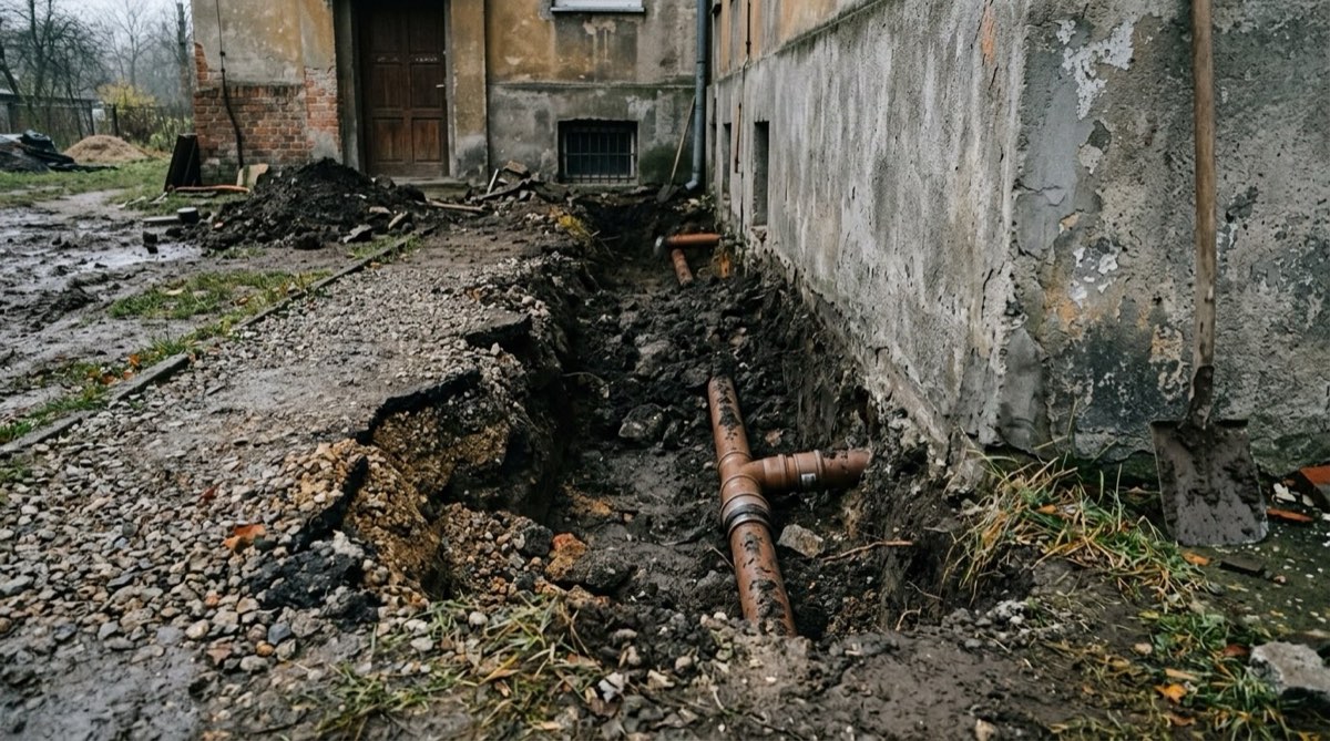 Odkopany wykop przy ścianie fundamentowej budynku, widoczne rury kanalizacyjne i zapadnięta opaska żwirowa