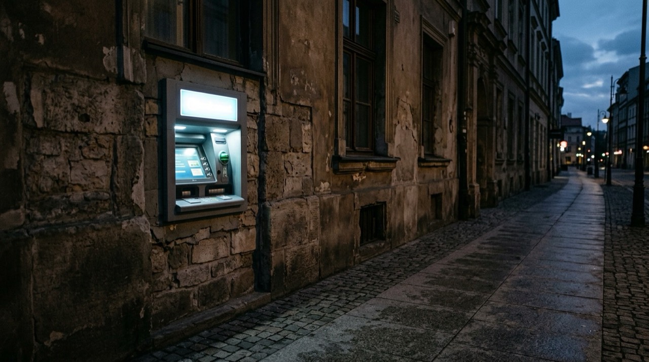 Bankomat w ścianie budynku wieczorem, ekran świeci, przed nim pusty chodnik