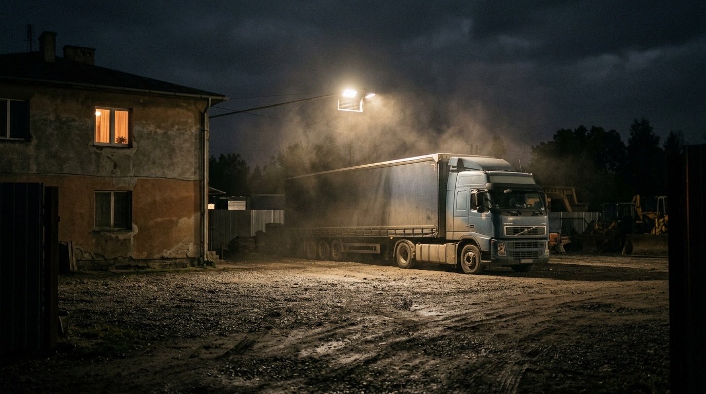 Nocna scena: oświetlony reflektorami plac zakładu z naczepą ciężarówki, obok dwupiętrowy budynek mieszkalny z zapalonym oknem, w powietrzu unosi się pył