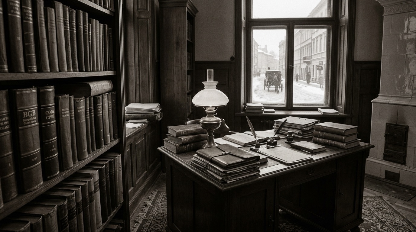 Kancelaria adwokacka w Warszawie w 1922 roku: adwokat w todze przy biurku zawalonym kodeksami w czterech językach, na regale grube tomy z napisami BGB i Code civil, lampa naftowa, za oknem zimowa ulica z dorożką