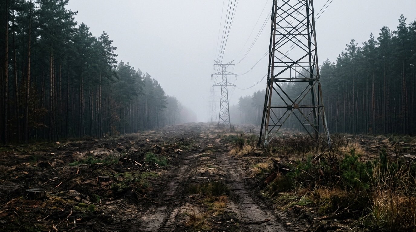 Szeroki wykarczowany pas w środku sosnowego lasu, nad nim wysokie słupy linii wysokiego napięcia, poranna mgła