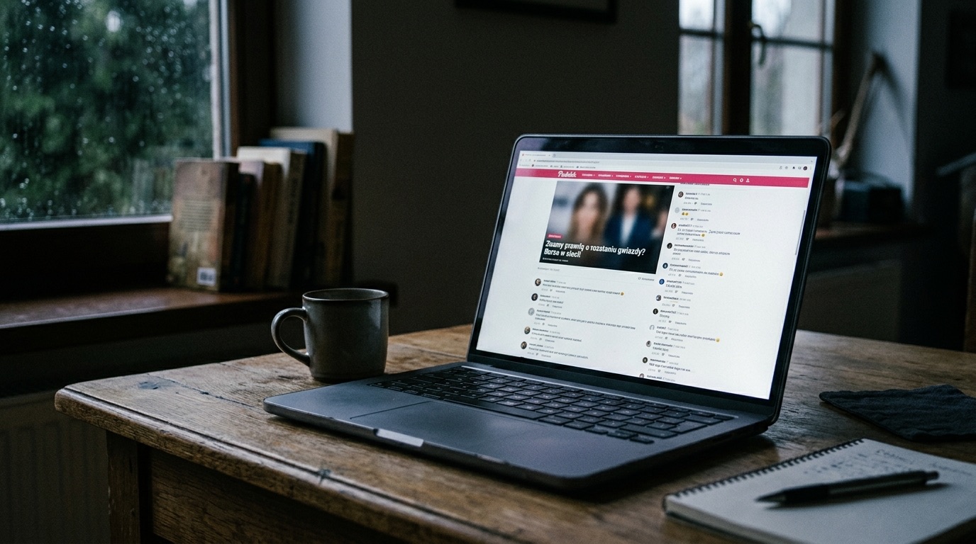 Ekran laptopa z otwartym serwisem plotkarskim, pod artykułem długa lista komentarzy