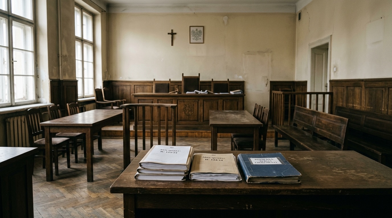 Pusta sala rozpraw w małym sądzie rejonowym, na stole akta i jedna teczka po stronie pozwanej