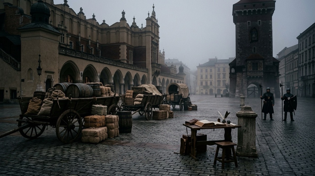 Średniowieczny rynek krakowski o świcie, wozy kupieckie z beczkami i belami towaru przed sukiennicami, pisarz miejski z księgą, strażnicy przy bramie miejskiej, mgła nad brukiem