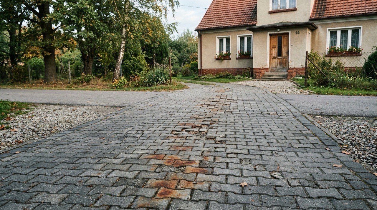 Podjazd z szarej kostki brukowej przed domem jednorodzinnym, na kilkunastu kostkach wyraźne rdzawe plamy i wykruszenia, poranne światło