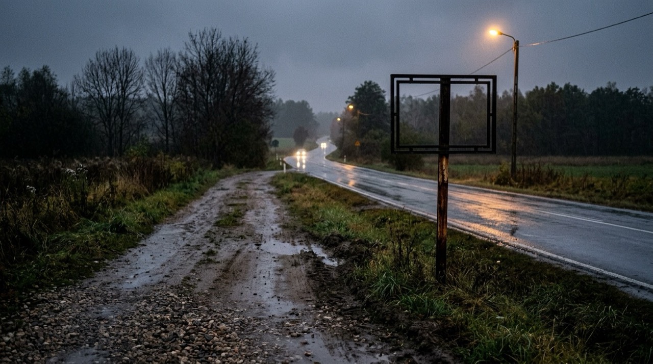 Nieutwardzone pobocze drogi wieczorem podczas mżawki, obok latarni pusty czarny metalowy stelaż bez tablicy, mokry asfalt odbija światło