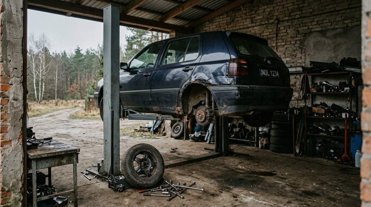Warsztat samochodowy na Mazurach, samochód z uszkodzonym błotnikiem i nadkolem na podnośniku, mechanik wymienia felgę