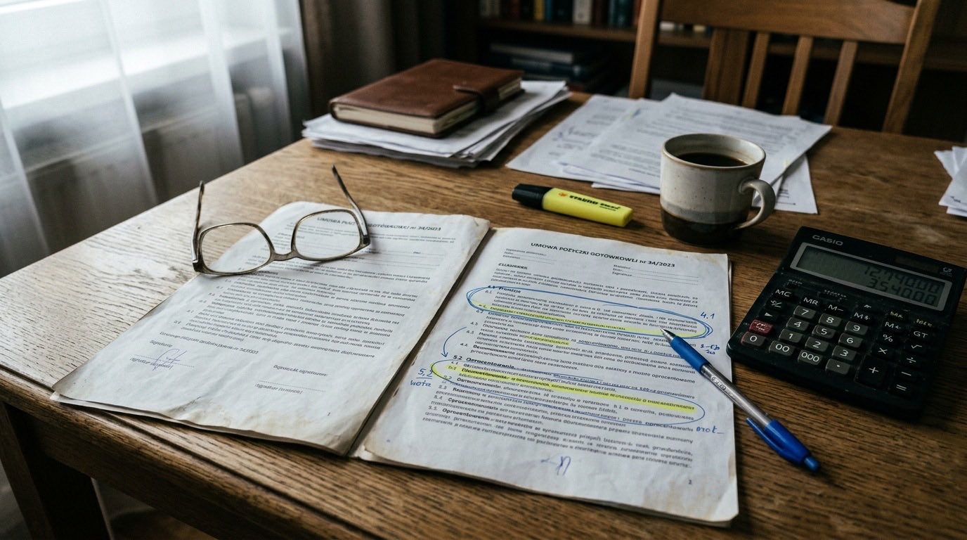 Umowa pożyczki rozłożona na biurku, obok kalkulator i zakreślone paragrafy o prowizji i oprocentowaniu