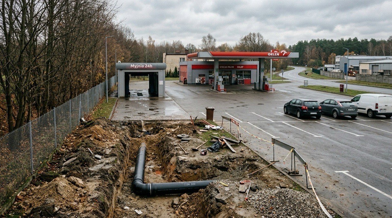Stacja paliw z myjnią samochodową i parkingiem, na pierwszym planie rozkopany wykop z rurą kanalizacyjną przy granicy działki