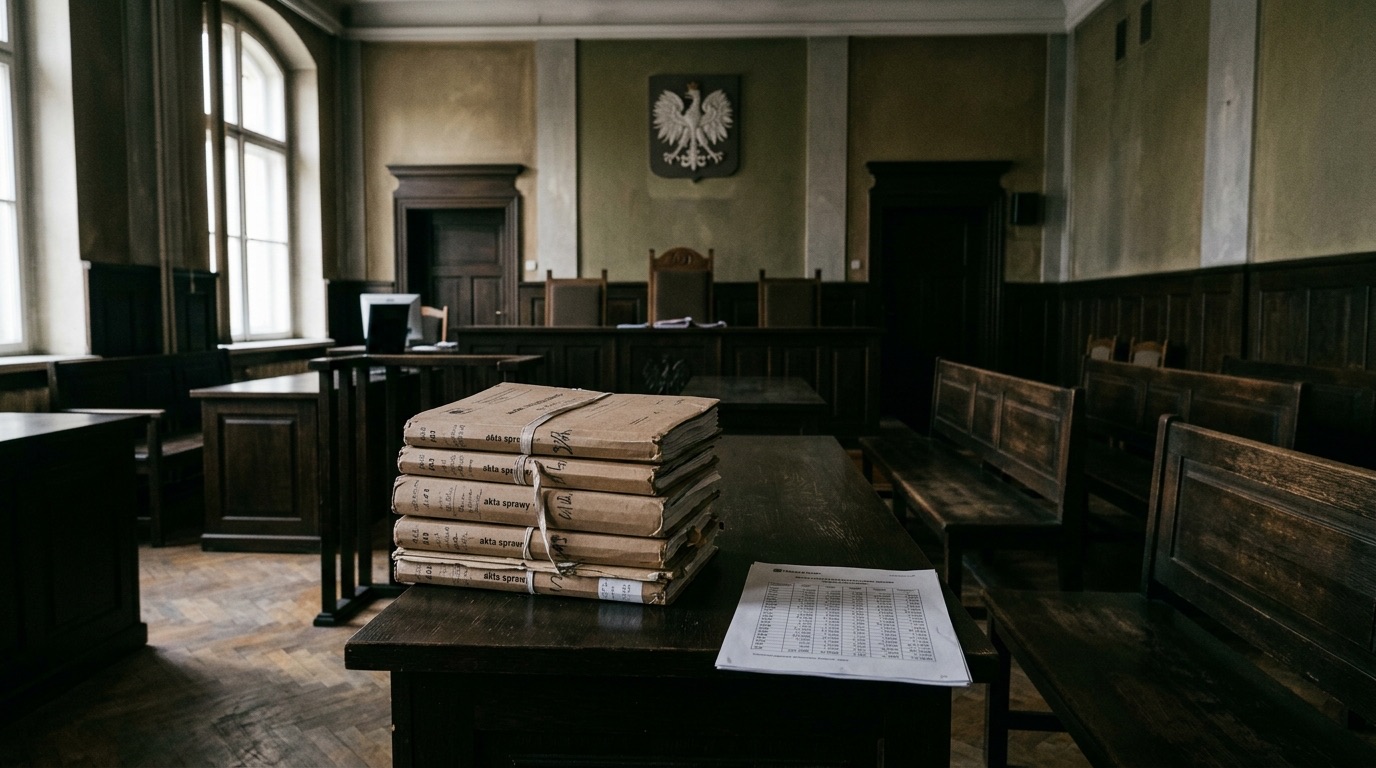 Sala rozpraw sądu okręgowego, na stole akta w kilku tomach i wydruk tabeli kursowej banku, puste ławy stron