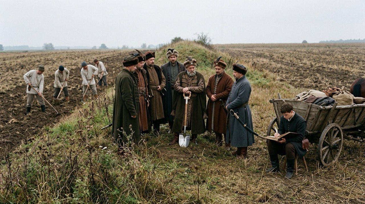 Pole uprawne wczesną jesienią, kopiec ziemny na granicy, grupa szlachty w kontuszach z podkomorzym trzymającym ozdobną łopatę, pisarz z księgą przy wozie, chłopi z rydlami w tle